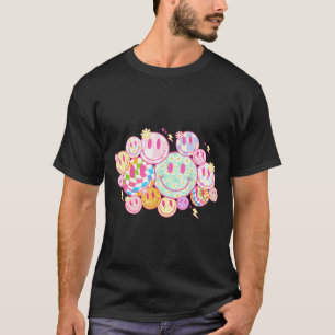 Camiseta Cara sonriente retro Flor Cara feliz Patrón a cuad