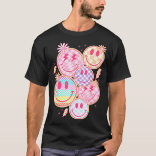 Camiseta Cara sonriente retro Flor Cara Feliz Patrón a cuad