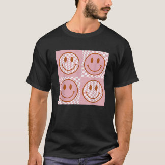 Camiseta Cara sonriente rosa retro con patrón de cuadros Ca