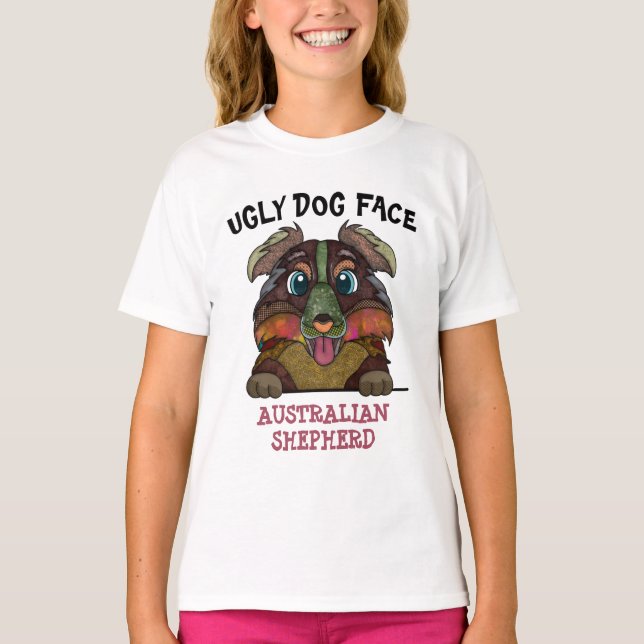 Camiseta Cara única de perro feo pastor australiano (Anverso)
