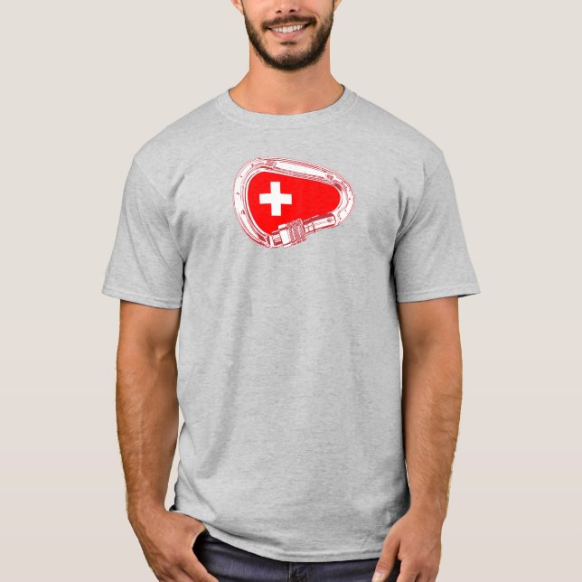 Camiseta Carabiner de escalada con bandera de Suiza (Anverso)