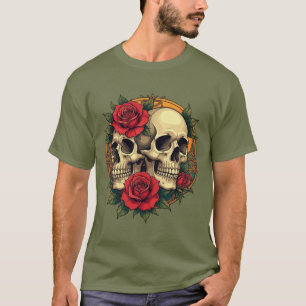 Camiseta Caras de Cráneo con Rosas Rojas