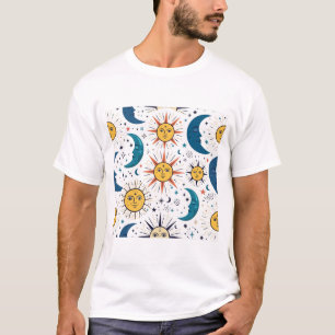 Camiseta Caras de Sol Luna Celestiales Patrón Vintage