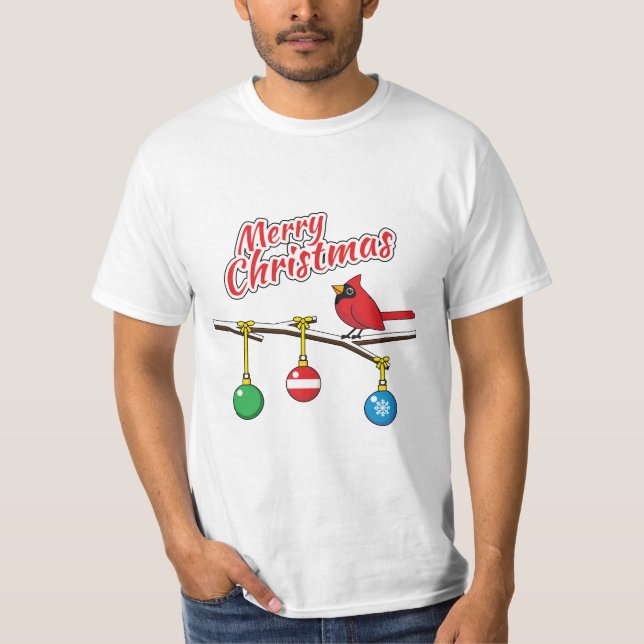 Camiseta Cardenal Rojo sobre la rama desnuda de los Navidad (Anverso)