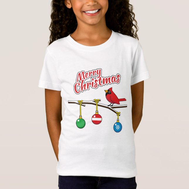 Camiseta Cardenal Rojo sobre la rama desnuda de los Navidad (Anverso)