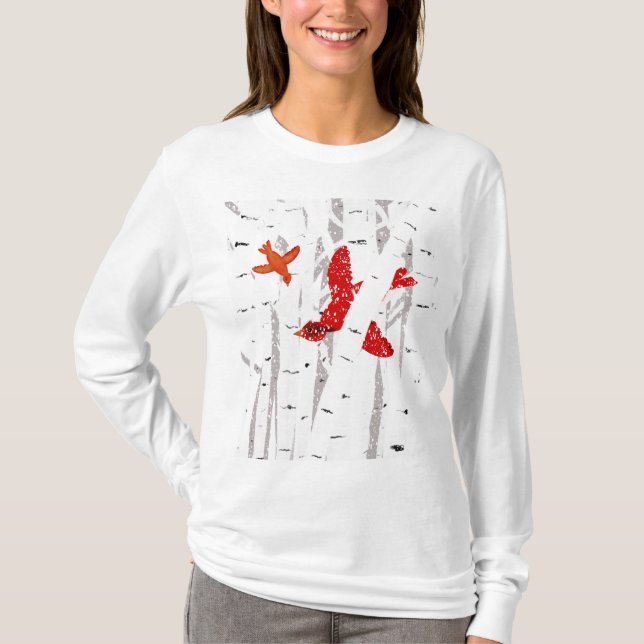 Camiseta Cardenales rojos en la escena invernal de los árbo (Anverso)