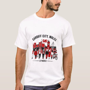 Camiseta Cardiff Ciudad Gales Silueta con gente local