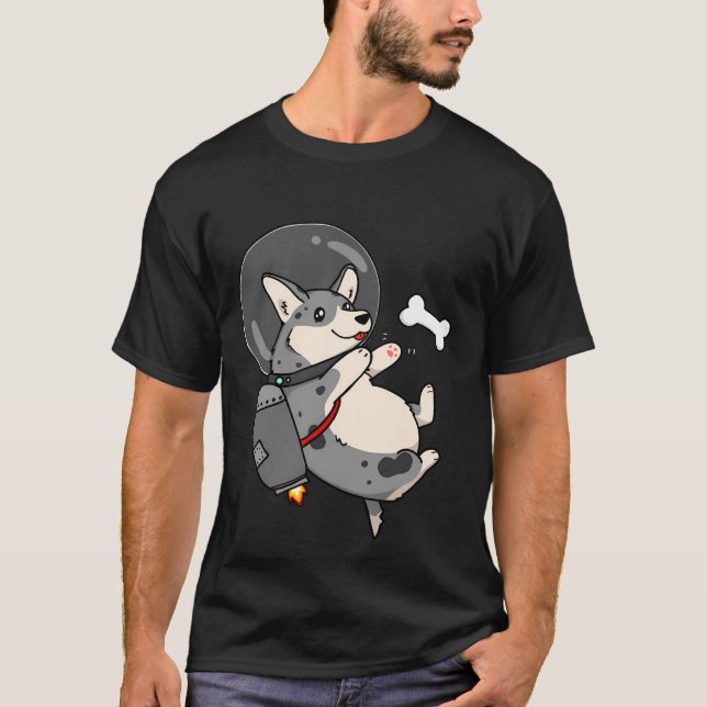 Camiseta Cardigan Blue Merle Space Corgi con Jetpack (Anverso)