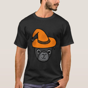 Camiseta Carlino negro con sombrero de bruja naranja y amig