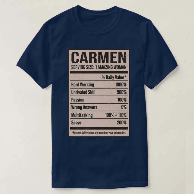 Camiseta Carmen Nutrition Facts Name Nickname Alias Título  (Diseño del anverso)
