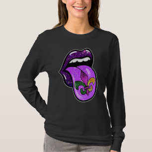Camiseta Carnaval Mardi Gras Labios Púrpura Flor de Lis Muj