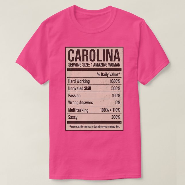 Camiseta Carolina Nutrition Facts Name Nickname Alias Title (Diseño del anverso)