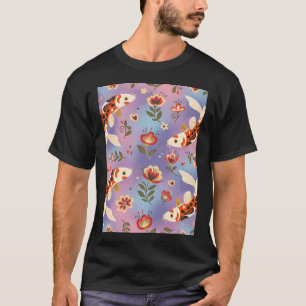 Camiseta Carpa Koi Patrón Continuo en Estilo de Arte Folcló