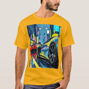 Camiseta carreras de autos deportivos a través de una ciuda
