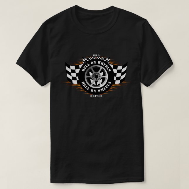 Camiseta Carreras de coche deportivo flama bandera de rueda (Diseño del anverso)