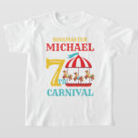 Camiseta Carrusel Circus Carnival Birthday Shirt<br><div class="desc">¡Vengan todos! Adorna a tu chico de cumpleaños con nuestra plantilla de camisa de carnaval de circo. Esta camisa de cumpleaños del carnaval de circo presenta un carrusel de circo rojo y verde azulado en la parte delantera de la camisa y con una tienda roja y verde azulada en la...</div>