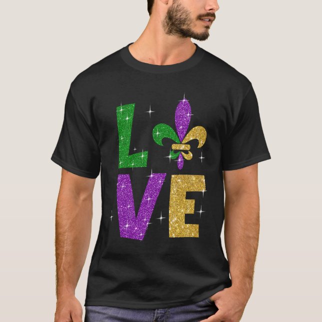 Camiseta Carta de amor de oro púrpura purpurina Mardi Gras  (Anverso)
