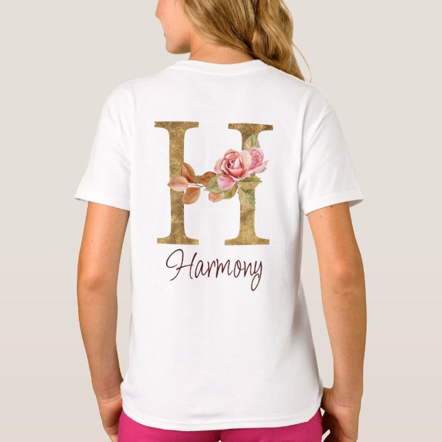 Camiseta Carta de nombre personalizado H Lámina de oro Rosa (Reverso)