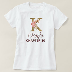Camiseta Carta K Monograma de Oro Rosas Rosadas Cumpleaños