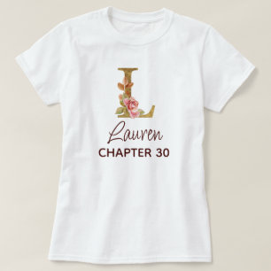 Camiseta Carta L Monograma Dorado Rosas Rosadas Cumpleaños