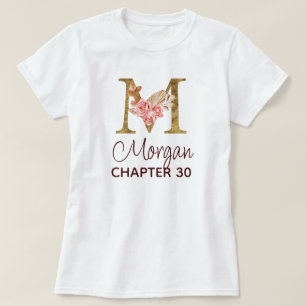Camiseta Carta M Monograma Dorado Rosas Rosadas Cumpleaños