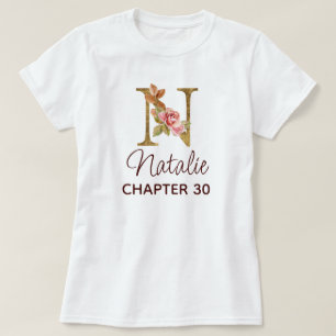 Camiseta Carta N Monograma de Oro Rosas Rosadas Cumpleaños