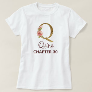 Camiseta Carta Q Monograma Dorado Rosas Rosadas Cumpleaños