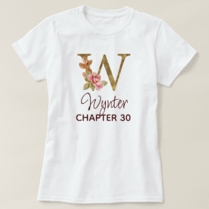 Camiseta Carta W Monograma Dorado Rosas Rosa Cumpleaños