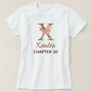 Camiseta Carta X Monograma Dorado Rosas Rosadas Cumpleaños