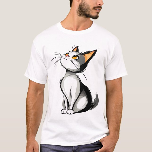 Camiseta Cartoon Black and White Cat Sitting Illustration (Anverso)