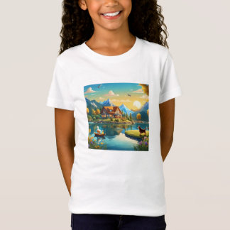 Camiseta Cartoon Haus am Bergsee mit Tieren