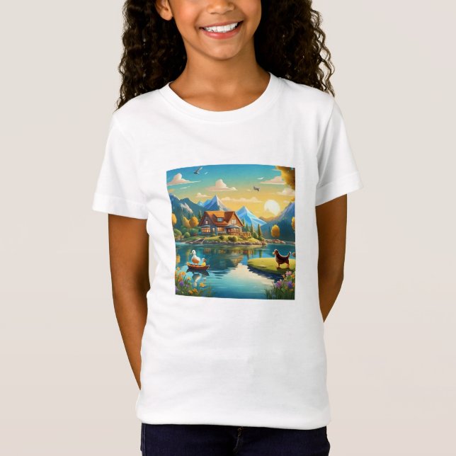 Camiseta Cartoon Haus am Bergsee mit Tieren (Anverso)