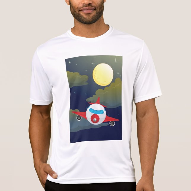 Camiseta Cartoon Red Airplane Flying In Night Sky (Anverso)