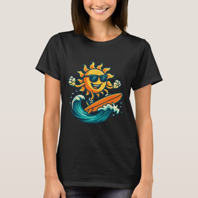 Camiseta Cartoon Sun Surfing Summer Beach Wave Art  (Anverso)