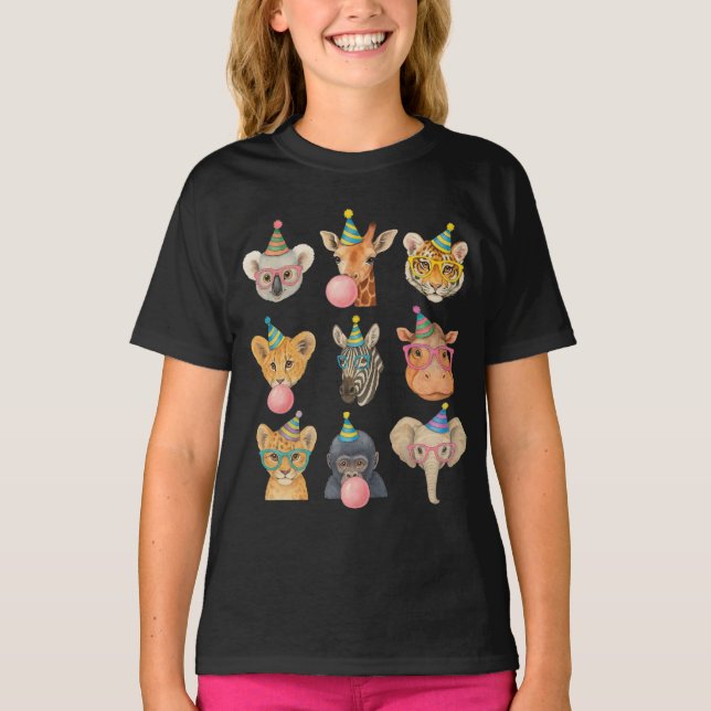 Camiseta Cartoon Zoo Animals with Party Hats & Bubble Gum (Anverso)
