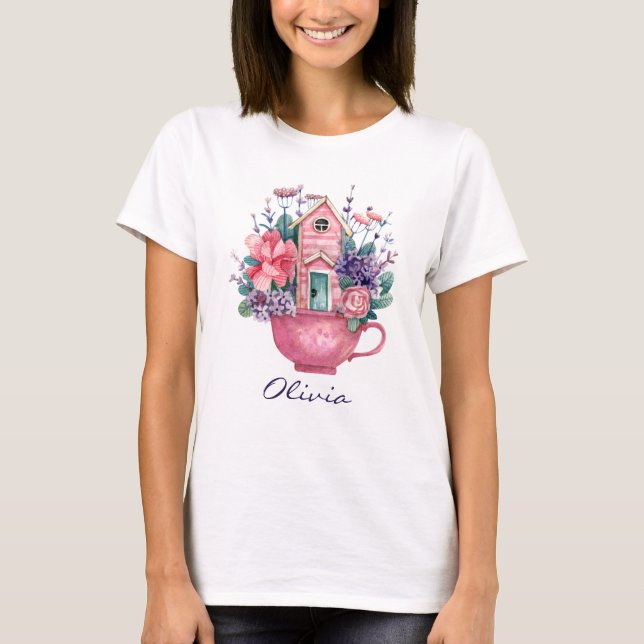 Camiseta Casa de cuento de hadas rosadas de té mujeres blan (Anverso)