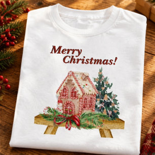 Camiseta Casa de Pan de Jengibre de Navidad Acuarela Básica
