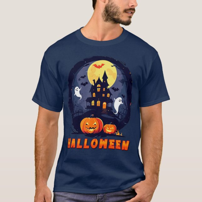Camiseta Casa embrujada con calabazas, fantasmas y luna lle (Anverso)