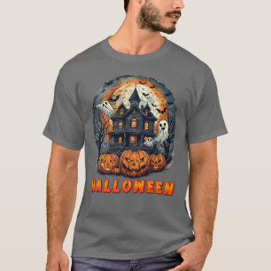 Camiseta Casa embrujada con calabazas, fantasmas y luna lle