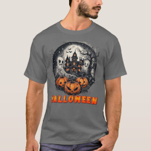 Camiseta Casa embrujada con calabazas, fantasmas y luna lle