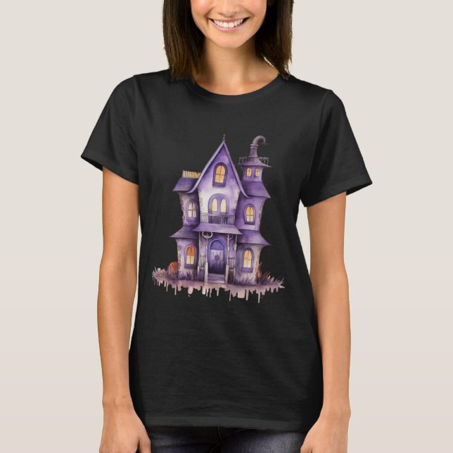 Camiseta Casa Embrujada Morada Halloween Negro (Anverso)
