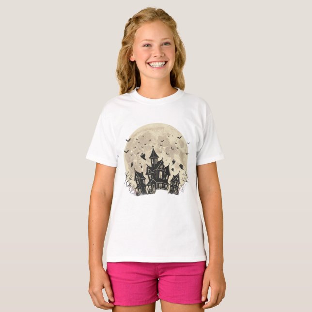 Camiseta Casa espeluznante y embrujada con luna llena y fan (Anverso completo)