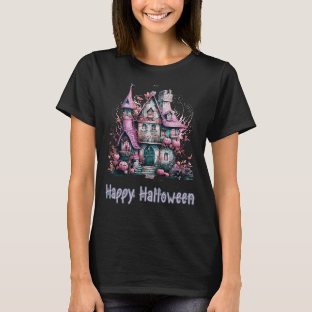 Camiseta Casa Rosa y Verde Ahogada Negra Feliz Halloween (Anverso)