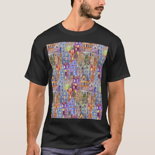 Camiseta Casas de paisajes urbanos, un patrón urbano sin fi (Anverso)