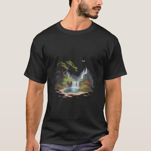 Camiseta Cascada y flores paisajistas tranquilas (Anverso)
