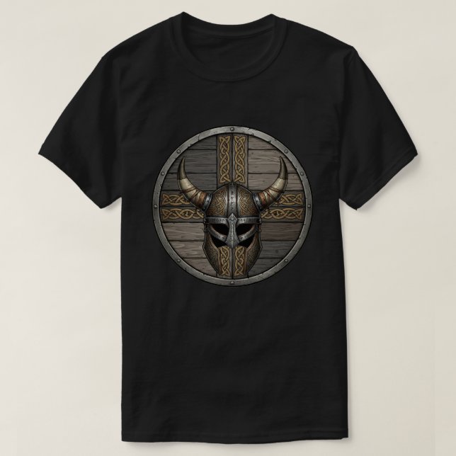 Camiseta Casco de Vikingo con Cuernos Escudo  (Diseño del anverso)