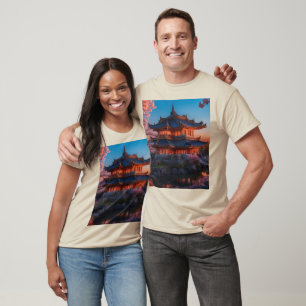 Camiseta Castillo asiático de la puesta de sol del jardín