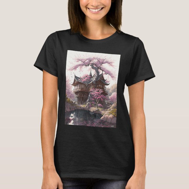 Camiseta Castillo japonés antiguo con flores de cerezo pint (Anverso)