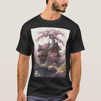 Camiseta Castillo japonés antiguo con flores de cerezo pint