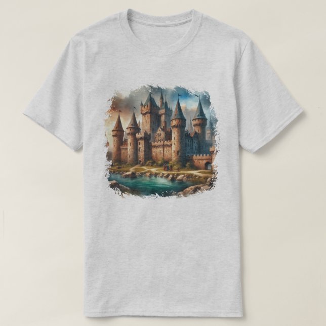 Camiseta Castillo medieval a orillas de un río tranquilo al (Diseño del anverso)
